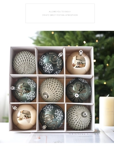 Detail of nine green and silver Christmas ball ornaments in a 9-grid holiday gift box