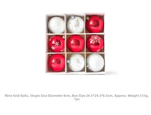Set of nine 8cm hand-painted Christmas balls in a red, white, and silver grid gift box
