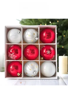 Set of 9 painted 8cm Christmas balls in red, silver and pearl white inside a gift box