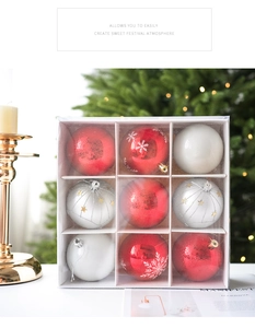 Close-up of 8cm painted Christmas balls with snowflake and star patterns in 9-piece set