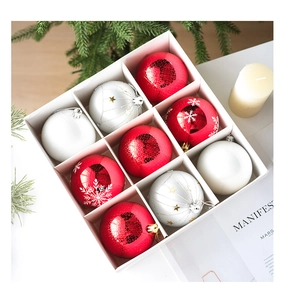 Detailed set of nine 8cm painted Christmas balls in a gift box with festive ornaments