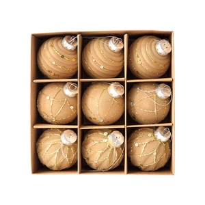 9-piece set of beige flocked Christmas balls with gold patterns in a gift box