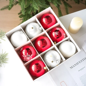 9pcs red white and silver 8cm Christmas ball ornaments with snowflake and star patterns