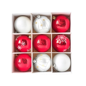 Set of 9 red, white, and silver 8cm painted Christmas balls in a gift box for tree decor