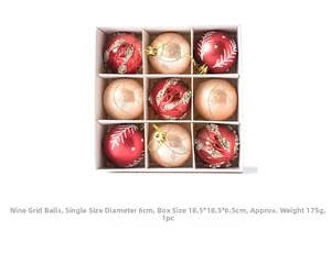 Set of 9 red and champagne gold Christmas baubles with glitter and snowflake textures