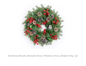 Detailed view of a 45cm Christmas wreath with pine needles, red berries, and pine cones