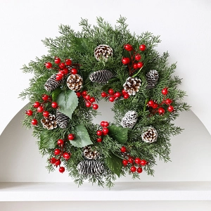 Christmas Wreath Artificial Pine Needles Red Berries Pine Cones Frosted Snow Effect Front Door Wall Decor Winter Holiday