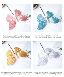 Detailed views of sequined fabric butterfly ornaments in four colors with size dimensions