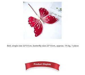Detail of red fabric butterfly ornament with sequins and pearls, size 22x21cm for DIY decor