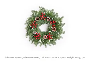 Détail couronne de Noël avec baies rouges et pommes de pin, 45cm diamètre et 10cm épais