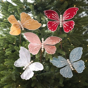 5-pack glitter fabric butterfly Christmas tree ornaments with pearl beads and stems