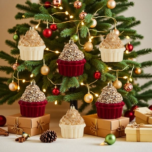 Weihnachts Cupcake Ornamente Samt Beflockung Mit Goldnen Pailletten Und Künstliche Perlen Weihnachtsbaum Anhänger Deko Festlich
