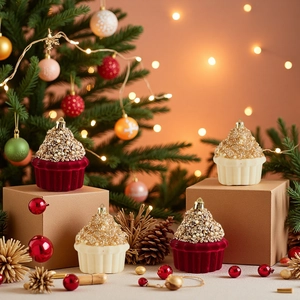 Samtige Cupcake-Weihnachtsanhänger mit Goldglitzer und Perlen in festlicher Dekoration