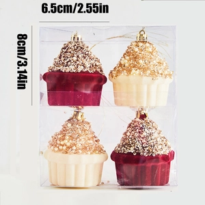 4er-Set beflockte Weihnachtsanhänger im Cupcake-Design mit Pailletten und Perlen in Box