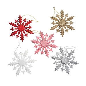 Set of colorful PVC Christmas snowflake ornaments in five glittery festive shades