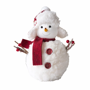 Standing white plush snowman doll with red scarf and wooden arms for Christmas decoration
