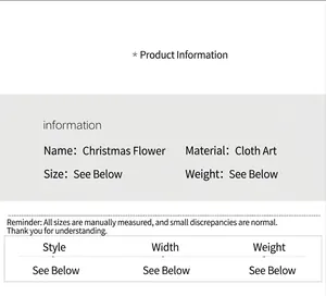 Gedetailleerde tabel met afmetingen en materiaal van de fluwelen kerstbloemen