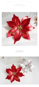 Close-up of artificial Poinsettia Christmas flowers with red hollow mesh and gold glitter