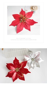 Close-up of red and silver artificial poinsettia flowers with glitter hollow mesh petals