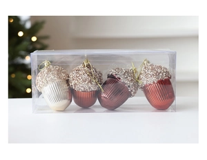 Set of four acorn-shaped Christmas ornaments in metallic colors with glitter details