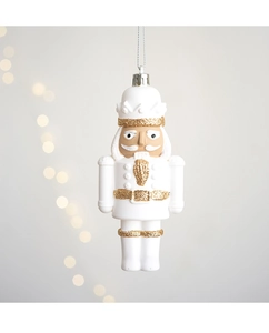 Nussknacker-Soldat in Weiß und Gold mit Glitzer-Finish als Weihnachtsbaumschmuck zum Aufhängen