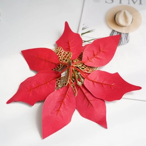 Artificial red poinsettia Christmas flower decoration with gold glitter mesh and green stamens