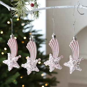 Pink shooting star Christmas ornaments set with glitter finish for festive tree decoration