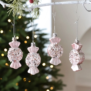 Pink glitter candy Christmas tree ornaments with silver sequins and hanging loops