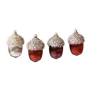 Set of four acorn-shaped Christmas ornaments in metallic colors with gold glitter tops