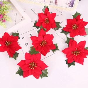 Set van 6 rode Poinsettia kerstbloemen met pailletten en groene bladeren voor decor