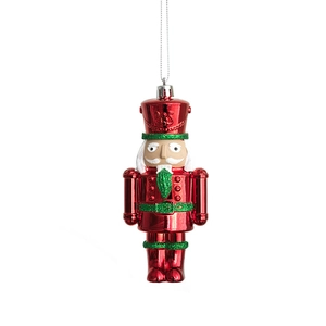 Metallisch rote Nussknacker-Figur mit grünem Glitzer-Dekor für den Weihnachtsbaumschmuck