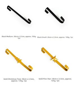 Detail of metal door hooks in black and gold finishes for wreaths and holiday decor