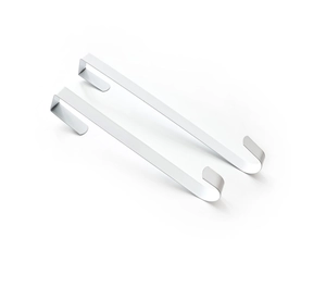 Detail view of two silver metal over-the-door wreath hooks with J-shaped design