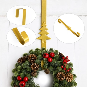 Polished gold Christmas tree over-the-door metal hook with holiday wreath display