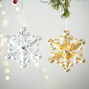Elegant crystal snowflake ornaments in clear and gold with silk ribbons for Christmas decor