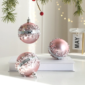 Palline di Natale rosa 8cm con mosaico d'argento e glitter sull'albero