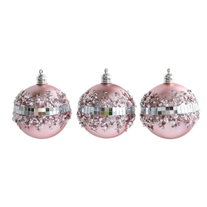Set di 3 palline di Natale rosa da 8cm con decoro a mosaico argento e paillettes