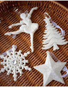 Detailed view of silver glitter Christmas ornaments with ballet dancer, tree and snowflake