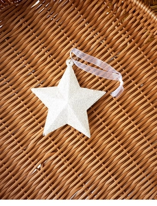 Detail view of silver glittery star ornament with ribbon on a rustic woven background