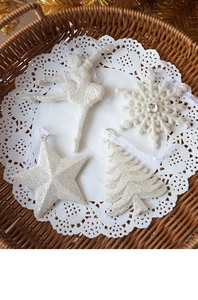 Glittery white Christmas ornaments set featuring ballet girl, snowflake, star, and tree