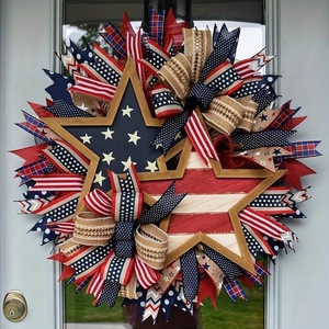 Patriotic Independence Day Wreath Wood Stars Burlap Bow Red White Blue Decoration For July 4th Front Door Wall Party Home