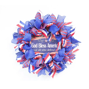 God Bless America patriotic wreath with red white and blue ribbons for front door decor