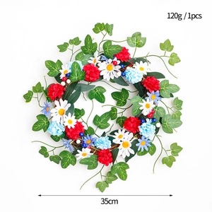 Detail view of a 35cm patriotic wreath with green ivy and red, white, and blue flowers