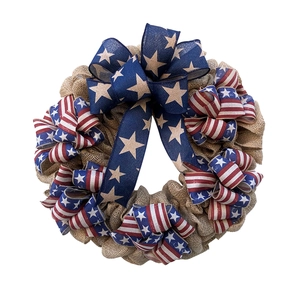 Patriotic July 4th burlap wreath with American flag stars and stripes ribbon bow