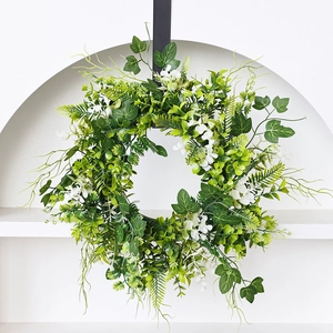 Lush green tulip and wildflower wreath for front door wall decor, spring summer style