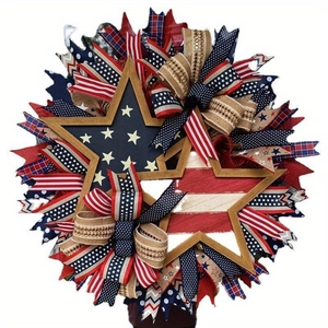 Patriotic Independence Day wreath with red white blue ribbons and wooden star frame
