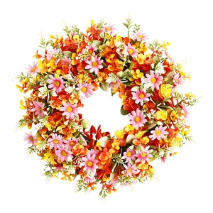 Bunter künstlicher Frühlingskranz mit rosa Gänseblümchen und gelben Blumen für die Haustür