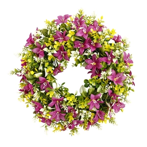 Artificial spring wreath with purple flowers and green leaves for front door decor