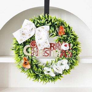 Artificial Greenery Christmas Wreath With White Reindeer Bow Merry Christmas Letter Sign Satin Flowers For Front Door Wall Hanging Decor