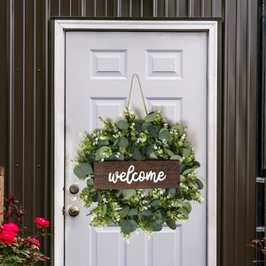 Green eucalyptus welcome wreath for front door decor, spring home wall hanging sign